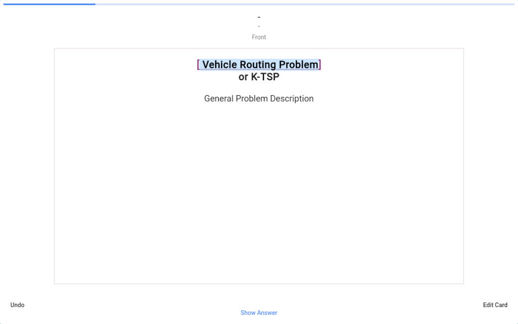Screenshot of the study interface. The front of the card is displayed with buttons options to show the answer.