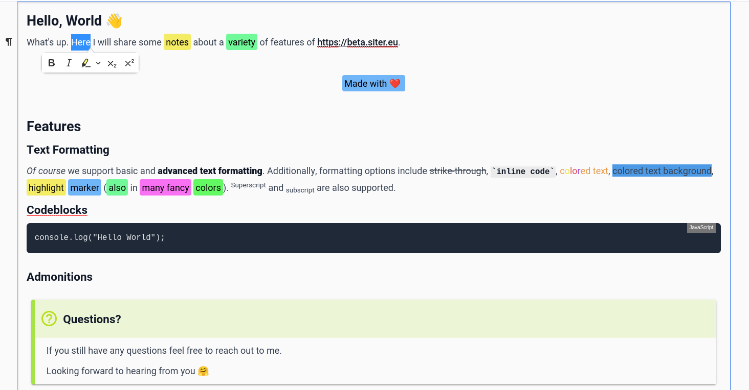 Screenshot of rich text editor