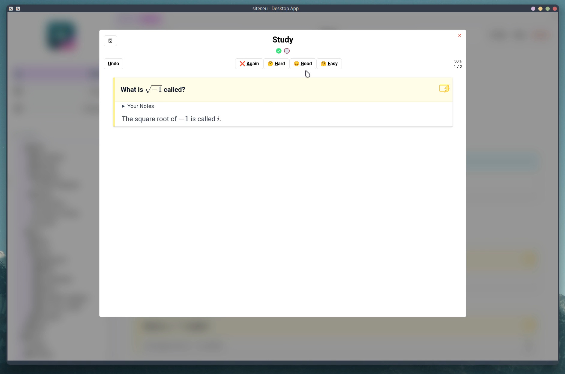 Screenshot of a the flashcard study interace: Showing the question and the correct answer below it