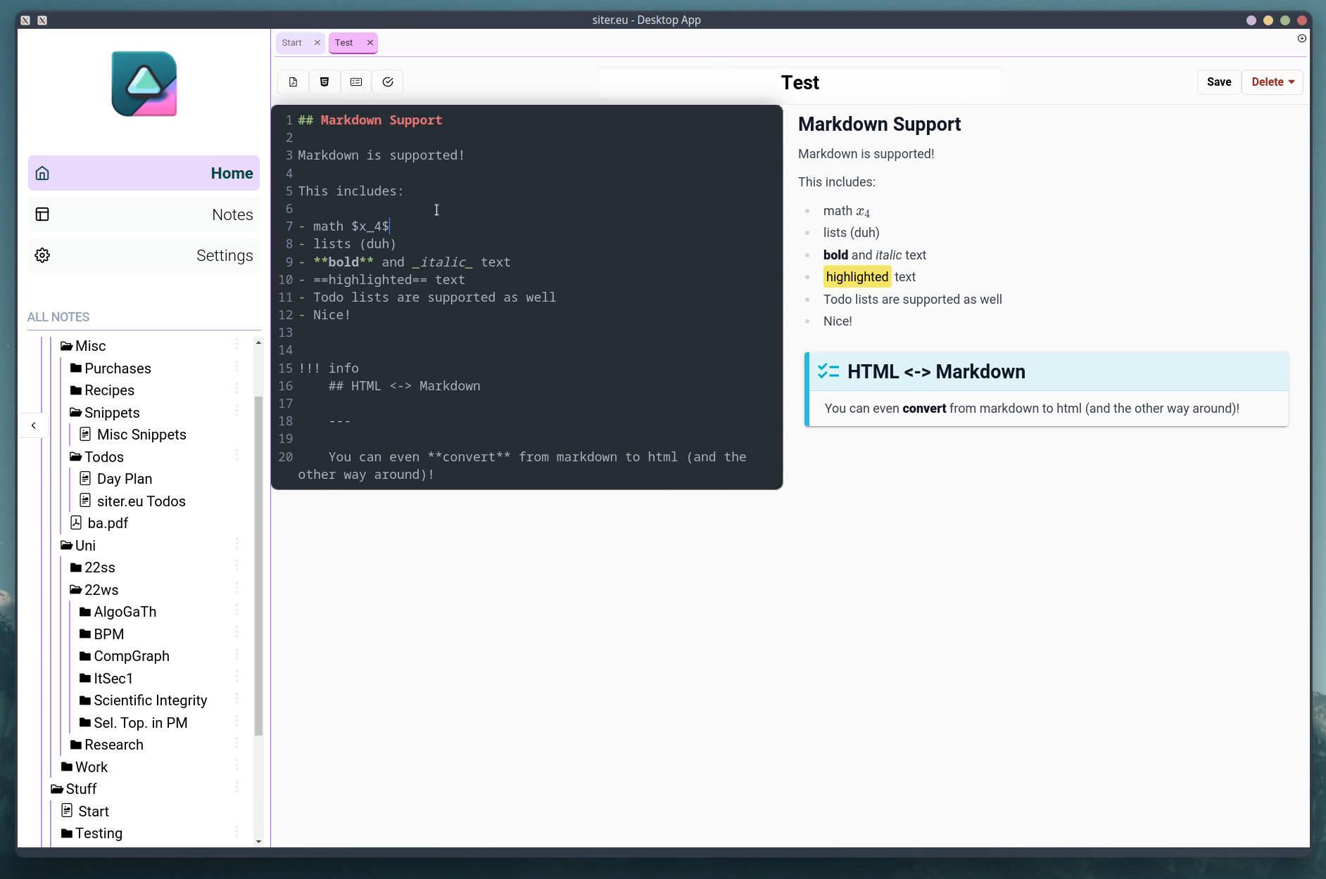 Screenshot of a note open in markdown mode, with the rendered content next to it
