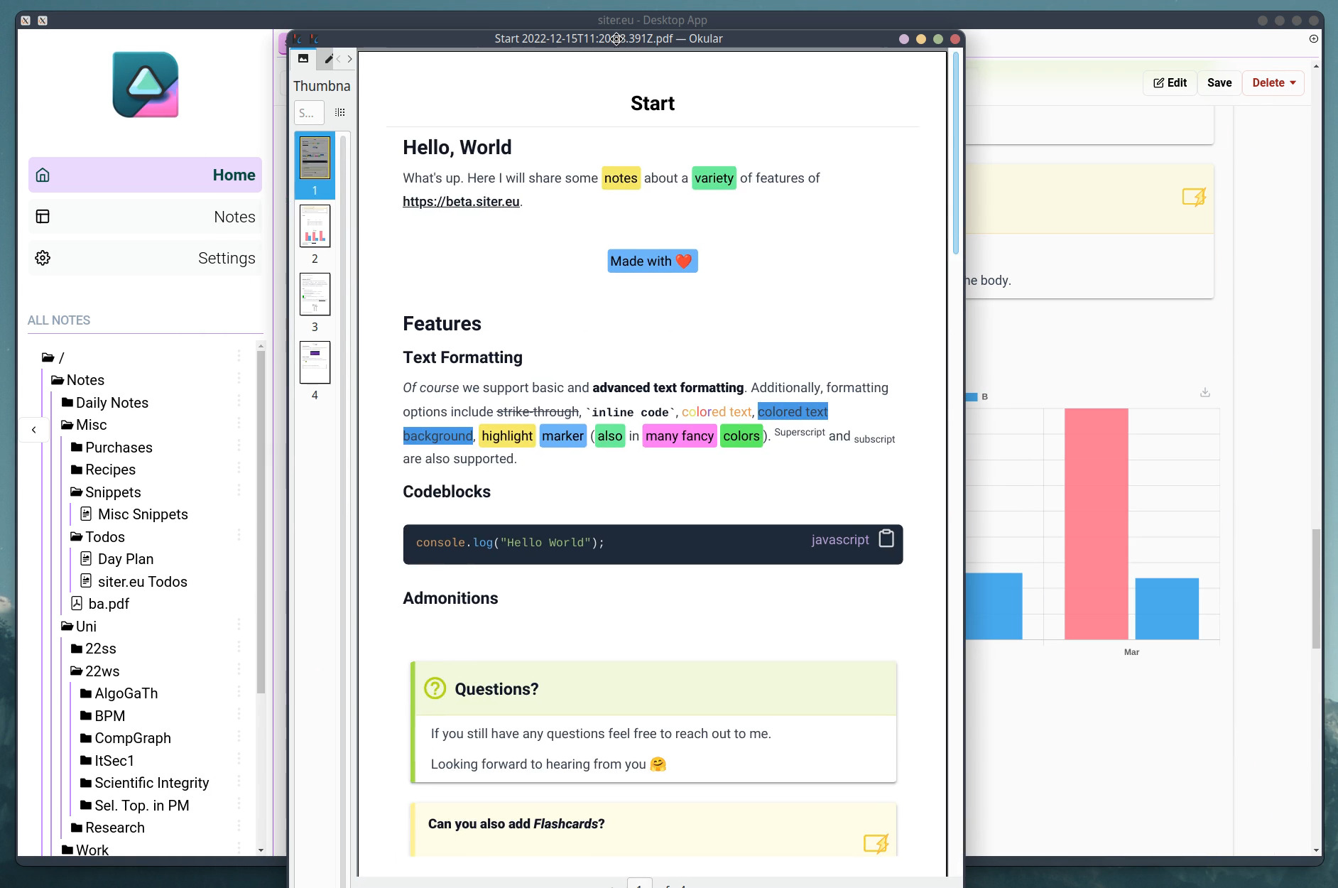Screenshot of a note open in the note-taking app and the exported PDF of the same note next to it